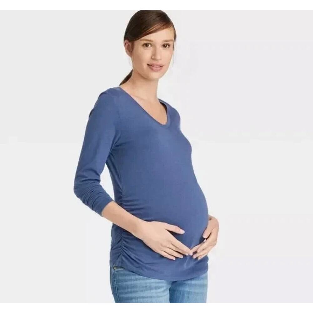 Women's Long Sleeve Scoop Neck Side Shirred Maternity T-Shirt - Blue Size XXL
